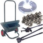 4in1 strapping kit- 2 roll/500m heavy duty metal /steel strap +300 clip +2 tools + trolley for cargo strapping logistics warehouse packaging pallet timber logs bricks width 19mm max tension 500kg